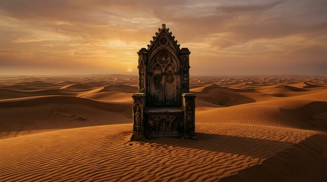 An ornate ancient stone throne standing alone in the middle of a vast golden desert at sunset