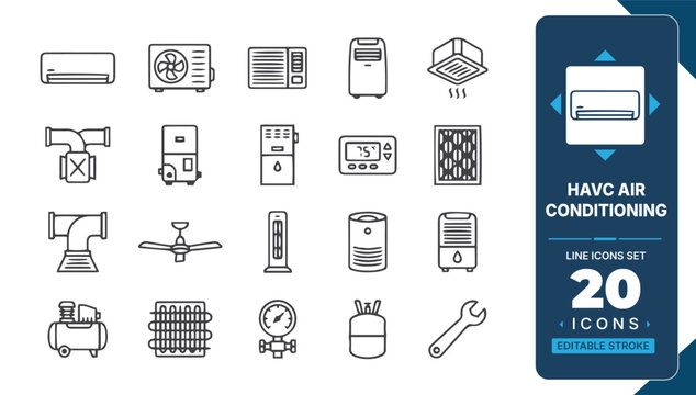 HVAC and air conditioning line icon set featuring cooling units, ventilation, thermostat, fan, compressor, heater, ductwork and maintenance tools editable vector collection