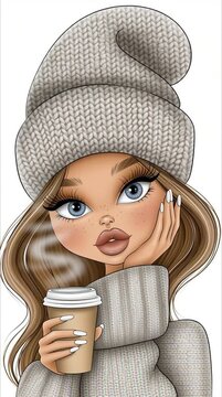 Cute cartoon girl with a cup of coffee in a warm hat flat design illustration