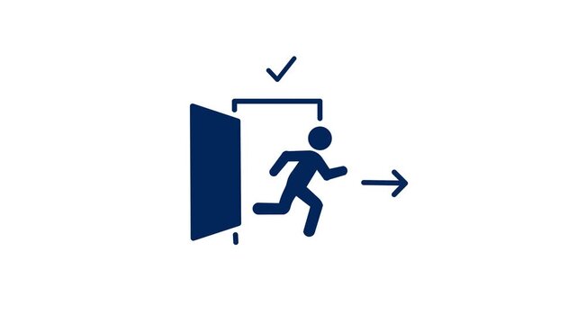 Minimal Icon Animation Of A Person Running Through An Open Exit Door With An Arrow And Checkmark, Successful Logout, Departure, Evacuation, Completion, And Safe Exit.
