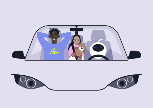 Passengers relax in a driverless car, enjoying their journey, A parent and child share smiles while a friendly robot drives them through a vibrant city.