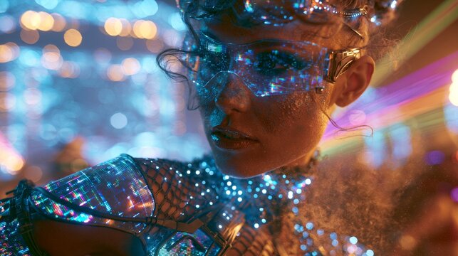 Futuristic woman dancing at a futuristic music festival.