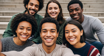 Obraz premium Group of diverse young friends smiling and taking a selfie together outdoors on city steps