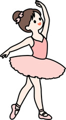 Cute girl ballerina performing dance pose in pink tutu vector illustration, kids ballet class concept
