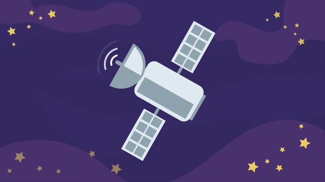 A flat vector motion graphic of an artificial space satellite floating in deep space and emitting communication signals against a starry night background. Ideal for telecommunications, space technolog