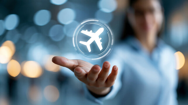 Close-up of hand holding confirmed flight booking interface with airplane icon, future travel technology, smart airports concept, defocused background, with copy space
