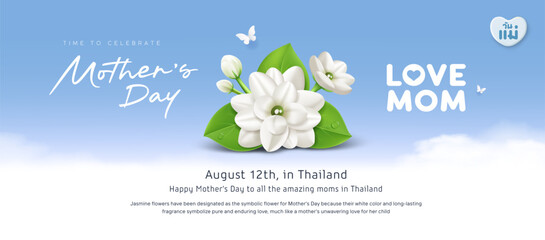 Obraz premium Happy Mother's day Thailand, realistic jasmine flower with thai in heart shape alphabet (Characters translation : Mother's day) banner design on cloud blue background