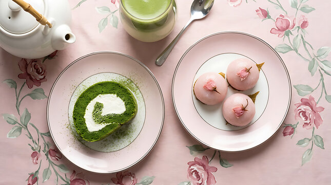 Traditional japanese matcha swiss roll cake and sakura mochi desserts on decorative plates with japanese traditional delicacy confectionery culinary refreshment aesthetic homemade