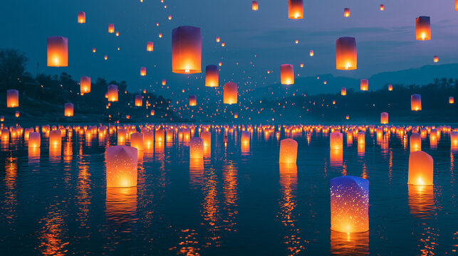 Multitude of glowing lanterns floating on water and flying in sky at twilight creating magical scene.