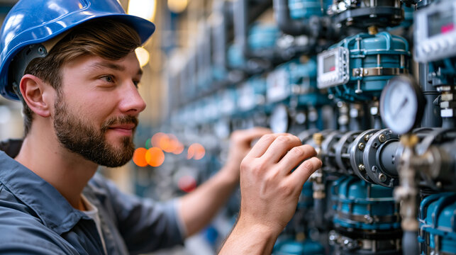 Industrial hydrogen plant worker inspecting a pipe manifold connected to electrolysis modules in a clean energy technical environment