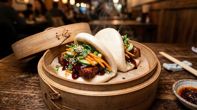 Steaming pork belly bao buns served in a traditional bamboo steamer basket