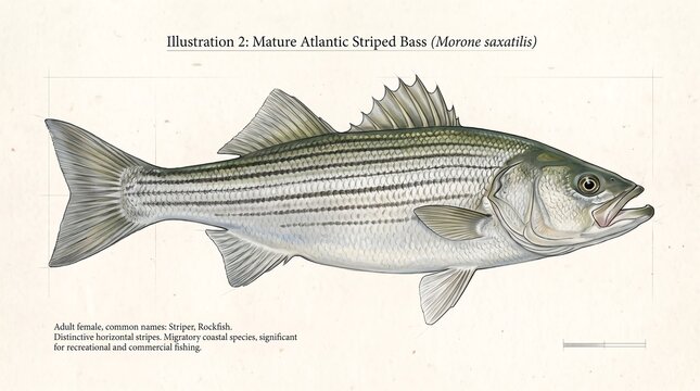 Vintage Atlantic Striped Bass scientific illustration, Morone saxatilis fish drawing on parchment, antique biological study of a mature striper