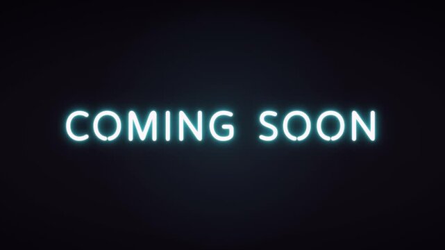 Coming Soon animated text &mdash; cyan neon sign style, teaser announcement title seamless loop, 4K