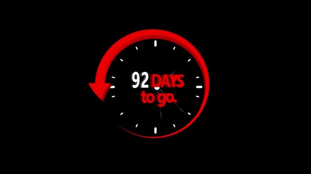 92 days to go, stile, timer, countdown, Count time display. business, sale, label button ,promotion clock signs business days on transport background. Motion graphics of days countdown concept .