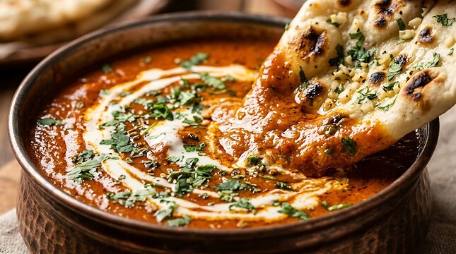 Creamy butter chicken curry served with garlic naan bread in a traditional copper bowl