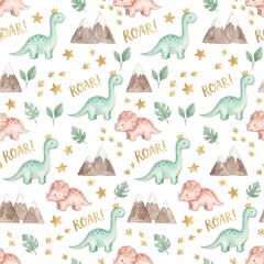Naklejka premium Watercolor dinosaur seamless pattern. Cute dino background for kids nursery wallpaper.