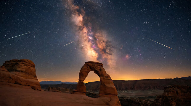 Breathtaking milky way galaxy stretching above famous natural sandstone arch rock formation with milkyway astronomy landscape formation astrophotography celestial starlight wilderness