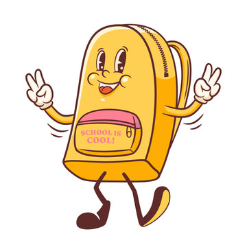 Groovy Back to School Retro Bag Character. Cartoon Backpack Dancing and showing Victory Gesture. Vector Education Mascot Template. Happy Vintage Cool Learning Personage Illustration Isolated