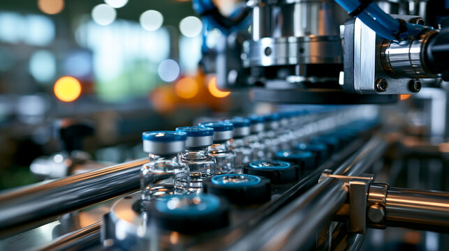 Side view of conveyor with glass vials moving through machine vision inspection on bright clean pharmaceutical production line photorealistic industrial process