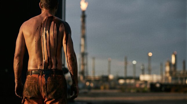 A back view of a shirtless man standing in front of a city skyline.