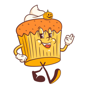 Halloween Groovy Pumpkin Cupcake Retro Character. Cartoon Spooky Sweets Pie Personage showing OK Gesture. Vector Autumn Holiday Food Cake Mascot Template. Happy Vintage Cool Logo Illustration Isolated