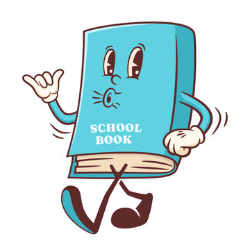 Groovy Back to School Retro Book Character. Cartoon Red Book Walking and Whistling showing Shaka Gesture. Vector Education Mascot Template. Happy Vintage Cool Learning Personage Illustration Isolated