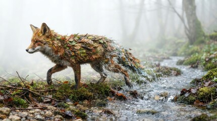 Fototapeta premium Fox with leaves merging into a stream in a misty forest