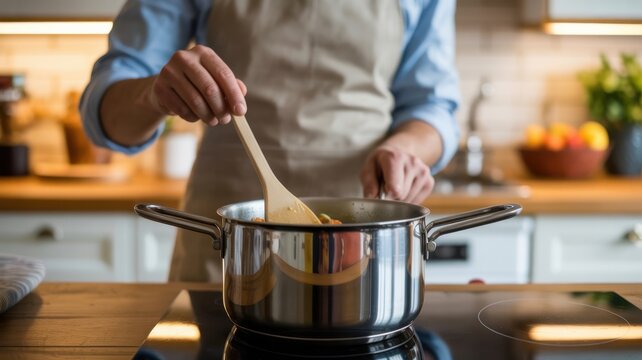 Chef stirring food in a pot on a modern kitchen stove