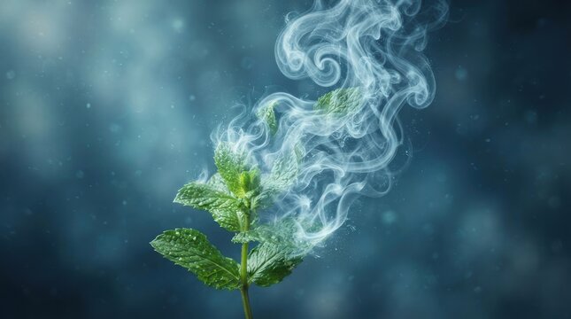 Fresh mint sprig with swirling smoke