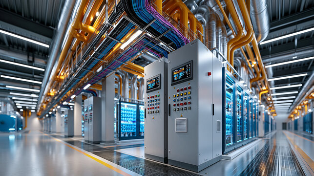 Electrolyzer industrial hall with orderly pipework, cable trays and control cabinets in modern industrial architecture, photorealistic with copy space, no people
