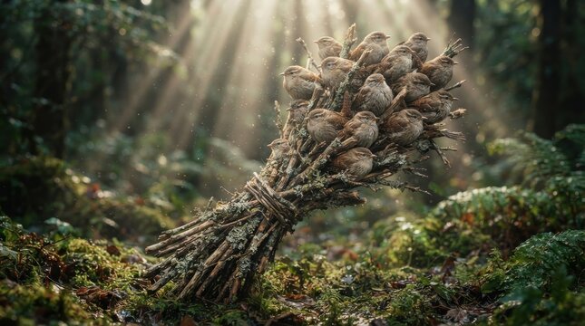 Small birds perched on a bundle of sticks in a forest