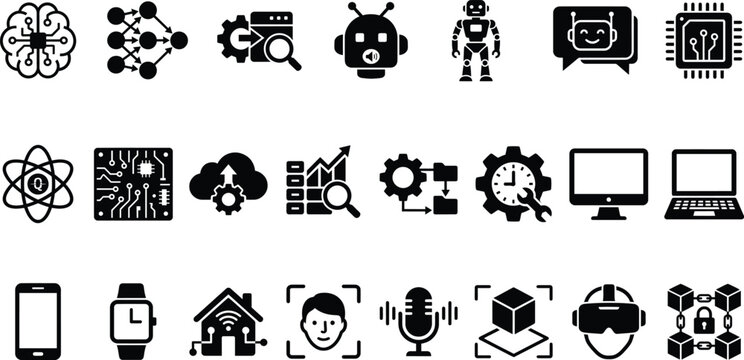 Set of black and white icons representing artificial intelligence machine learning and modern digital technology concepts