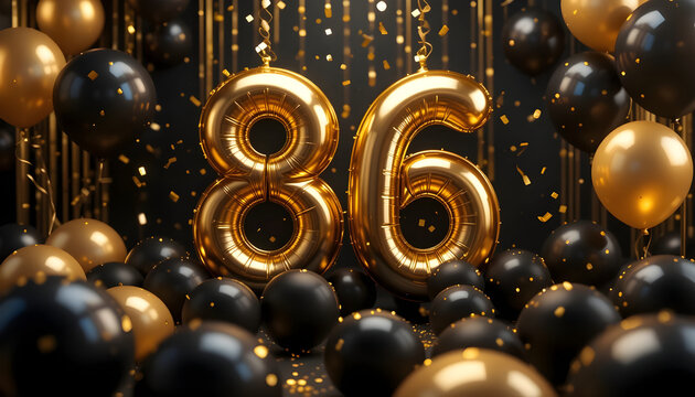 Celebration of eighty sixth anniversary with gold and black balloons amidst festive golden confetti.