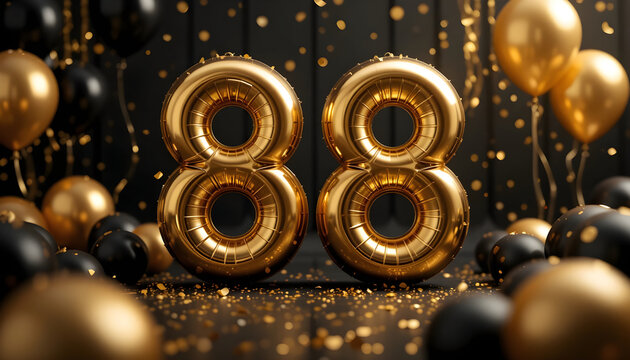 Golden foil balloon number eighty eight floating against dark background with elegant confetti decor.