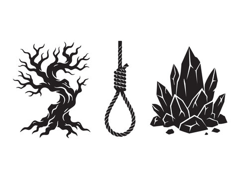 Set of black silhouette icons featuring a dead tree, a hangman noose, and sharp rock crystal formation for spooky design themes Vector, illustration