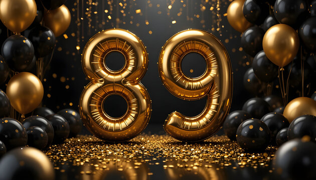 Golden foil balloon number eighty nine floating against dark background with elegant confetti decor.