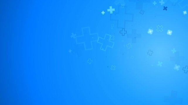 Abstract blue background with floating medical cross symbols and digital grid pattern. Perfect looping animation for healthcare, pharmacy, science, and modern medicine videos.