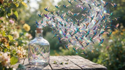 Obraz premium Hummingbirds emerging from a glass bottle in a garden