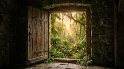 Obraz premium Open wooden door to a lush tropical jungle
