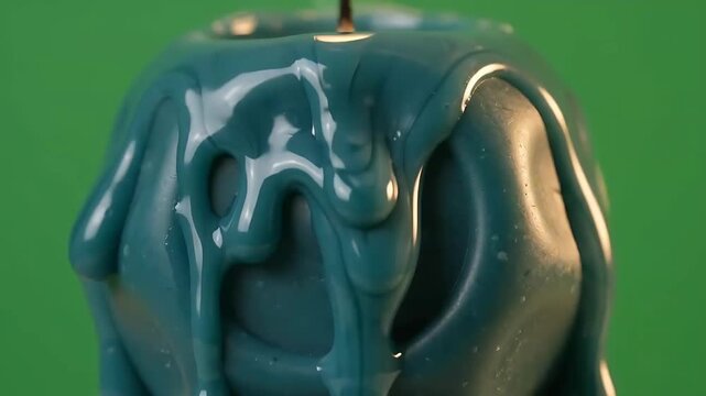 Abstract Teal Liquid Paint Pouring Over Blue Spherical Object Macro Close-Up on Green Screen Background
