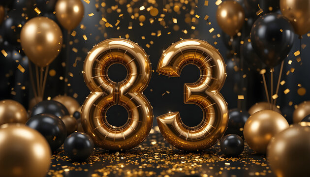 Shiny golden 83 number balloons with confetti and dark balloons over black background, celebration concept.