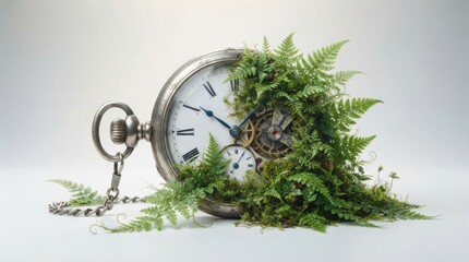 Fototapeta premium Vintage pocket watch overgrown with green fern leaves