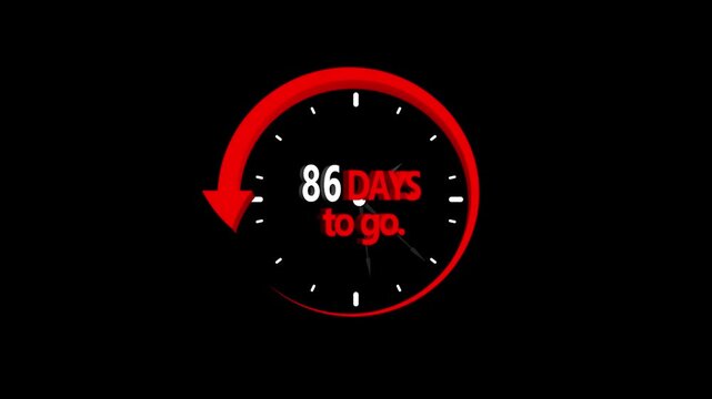 86 days to go, stile, timer, countdown, Count time display. business, sale, label button ,promotion clock signs business days on transport background. Motion graphics of days countdown concept .