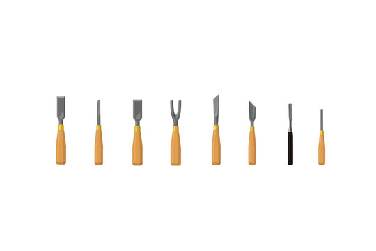 Set of wood carving chisels with wooden handles and sharp metal blades for detailed woodworking and sculpting projects in isometric view