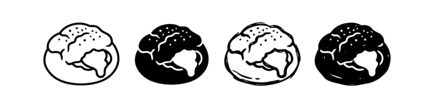 Set of cream puff icons in various styles including outline, solid, and hand-drawn sketch. Ideal for bakery logos, restaurant menus, and culinary graphic design projects.