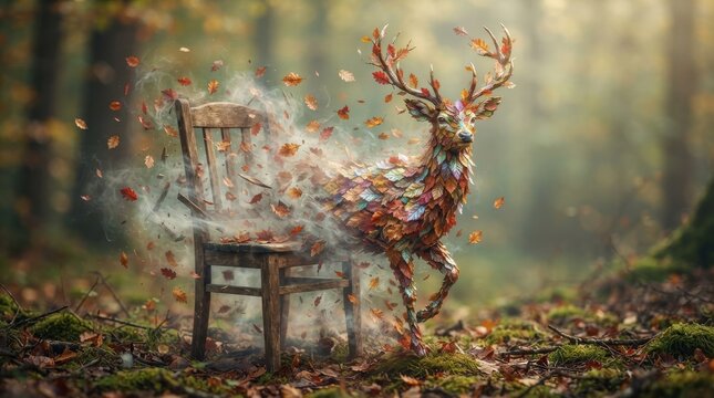 Surreal deer made of autumn leaves emerging from a wooden chair in forest