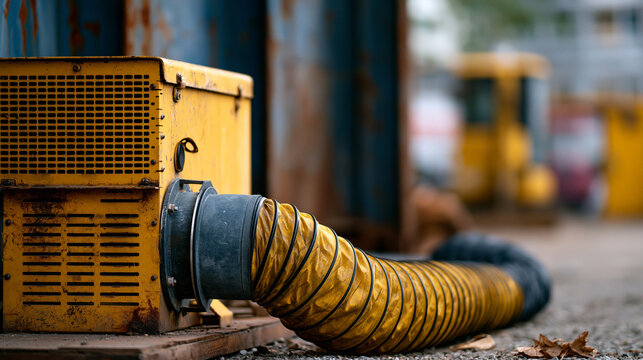 Industrial safety ventilation with blower and ducting supplying fresh air into a confined tank before worker entry documentary style with copy space