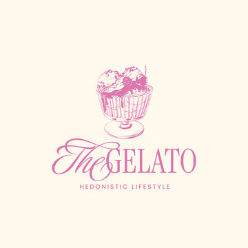 Amalfi summer lemon gelato doodle sketch label. Italian ice cream food element with cherry and typography. Hand-drawn vintage vector line art for restaurant menu, dessert party or logo design