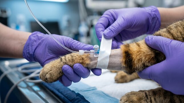 Veterinarian bandaging a cat paw. Vet doctor securing an IV catheter on a pet leg.