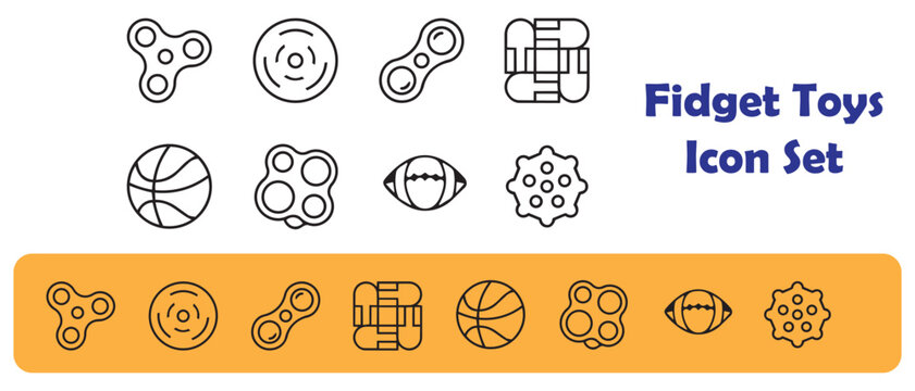 Fidget Toy Icon Set with Spinner, Cube, Pop It, Stress Relief and Sensory Toy Symbols